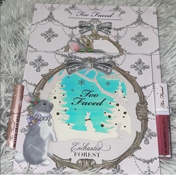 Too Faced Enchanted Eyeshadow Palette with Pink Lip Gloss and travel Mascara